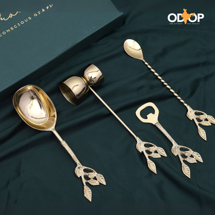 Pravaah Patram Bar Set, Solid Brass Handles, Luxury Gifting, Gold Finish - Suspire