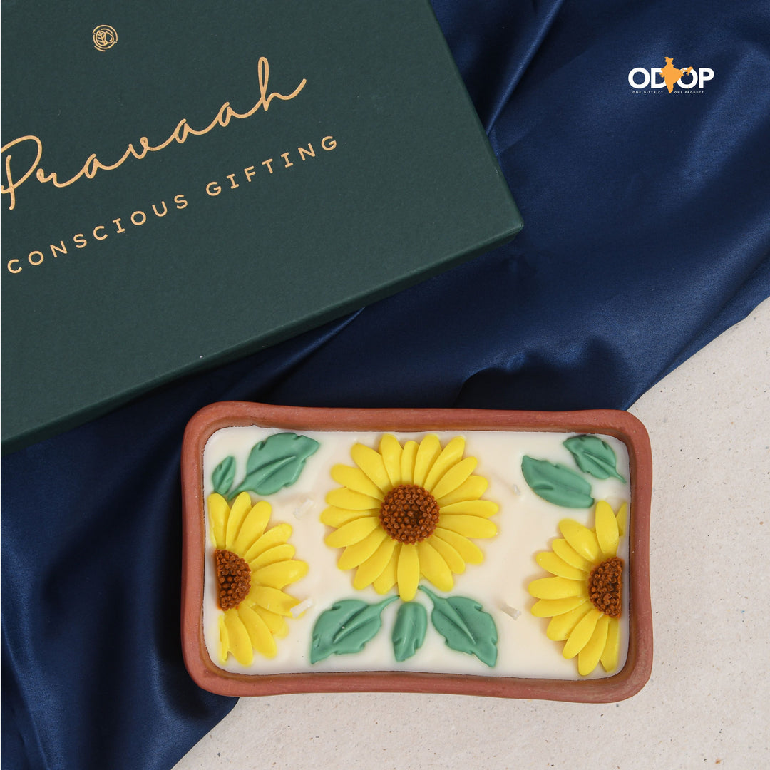 Pravaah Surajmukhi Hand Poured Floral Soy Candle, 4 Wicks in Terracotta Bowl, Jasmine and Bergamot - Suspire