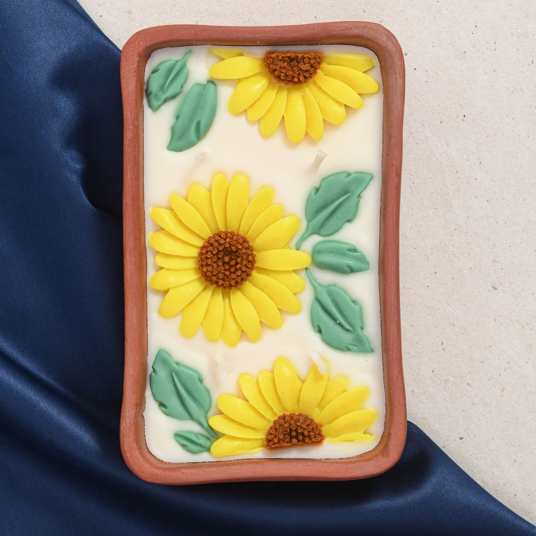 Pravaah Surajmukhi Hand Poured Floral Soy Candle, 4 Wicks in Terracotta Bowl, Jasmine and Bergamot - Suspire