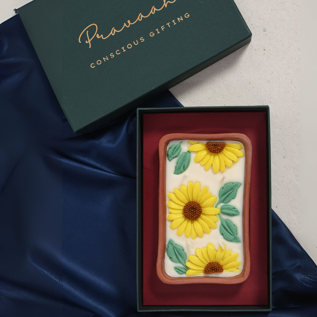 Pravaah Surajmukhi Hand Poured Floral Soy Candle, 4 Wicks in Terracotta Bowl, Jasmine and Bergamot - Suspire