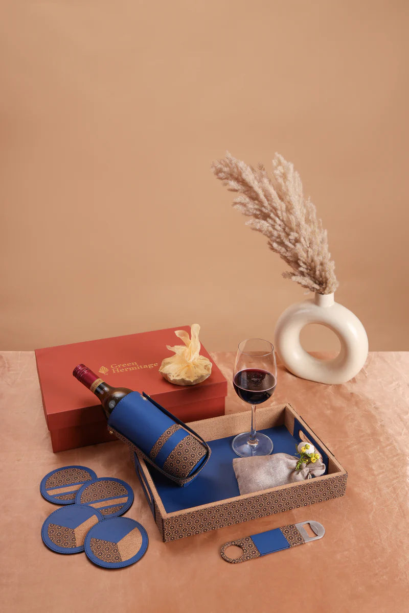 Premium bar accessories gift set with wine bottle holder, coasters, opener and serving tray from Green Hermitage