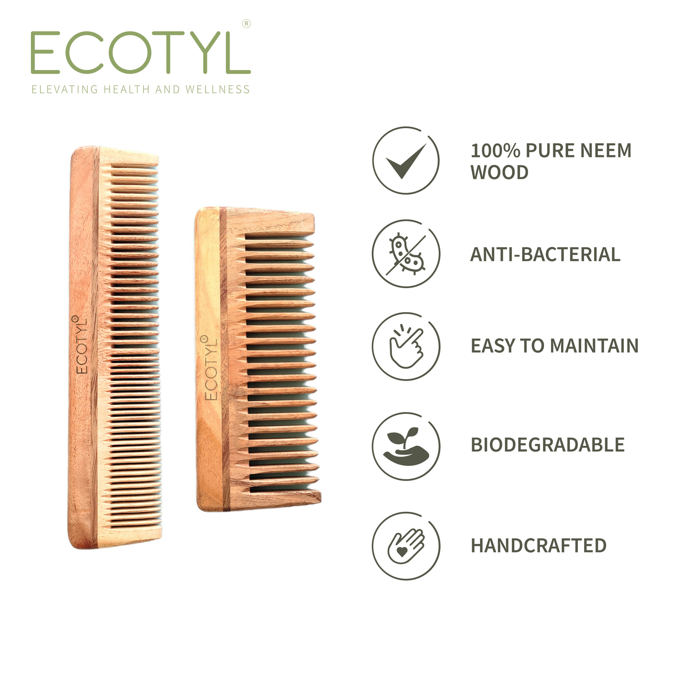 Ecotyl Neem Wood Comb Combo - Detangling Comb & Shampoo Comb | Gentle on Hair | Prevents Dandruff | Set of 2