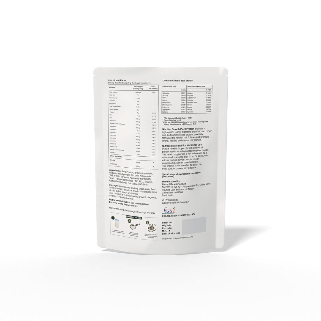 Natural Infusions Hair Growth Plant Protein Powder | Vegan Biotin Supplement for Stronger Hair | Chocolate Flavor, Soy-Free, 200g