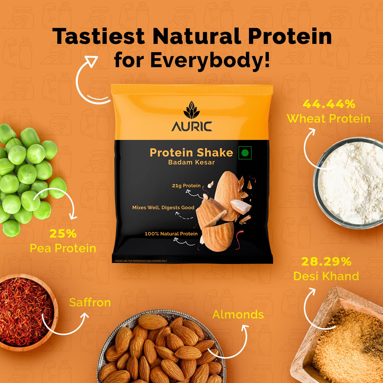 Auric Vegan Protein Powder | 21g Protein & 6g BCAA | Badam Kesar 8 Sachets