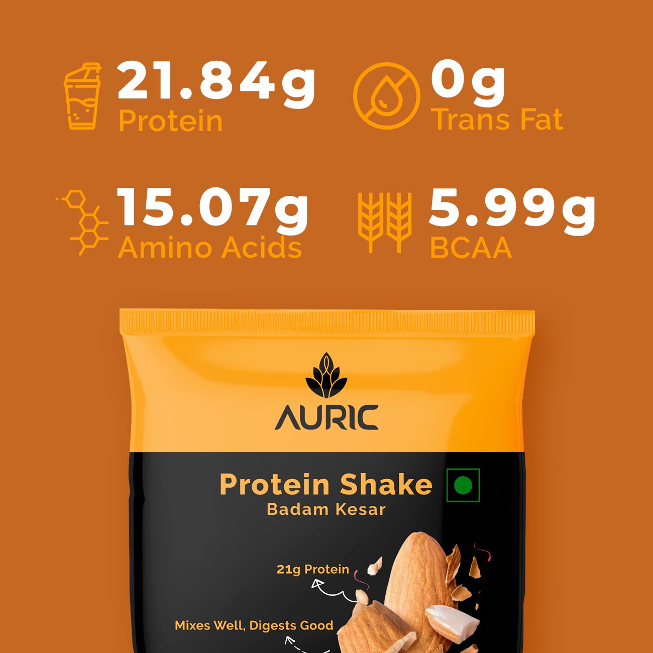 Auric Vegan Protein Powder | 21g Protein & 6g BCAA | Badam Kesar 8 Sachets