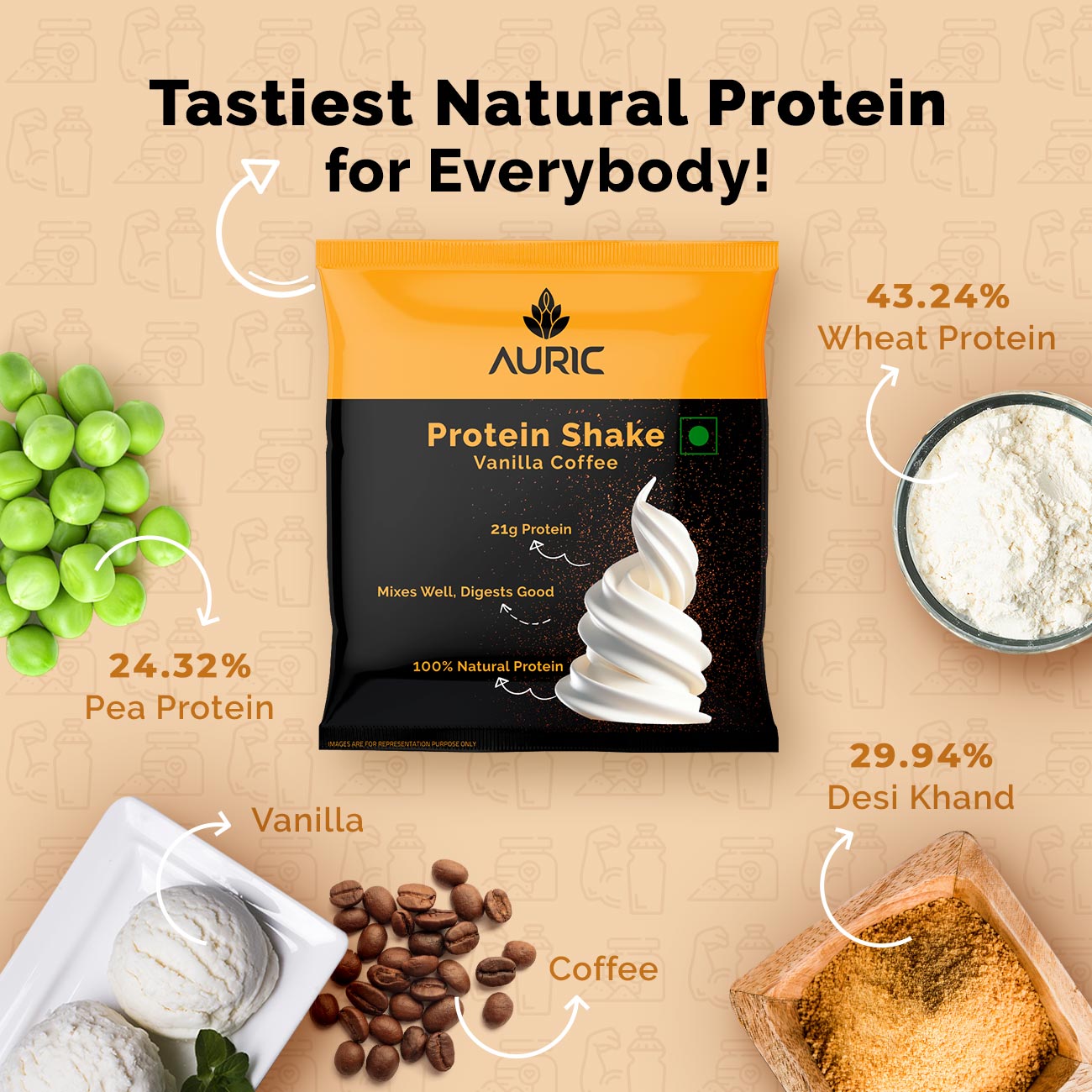 Auric Vegan Protein Powder | 21g Protein & 6g BCAA | Vanilla Coffee 8 Sachets