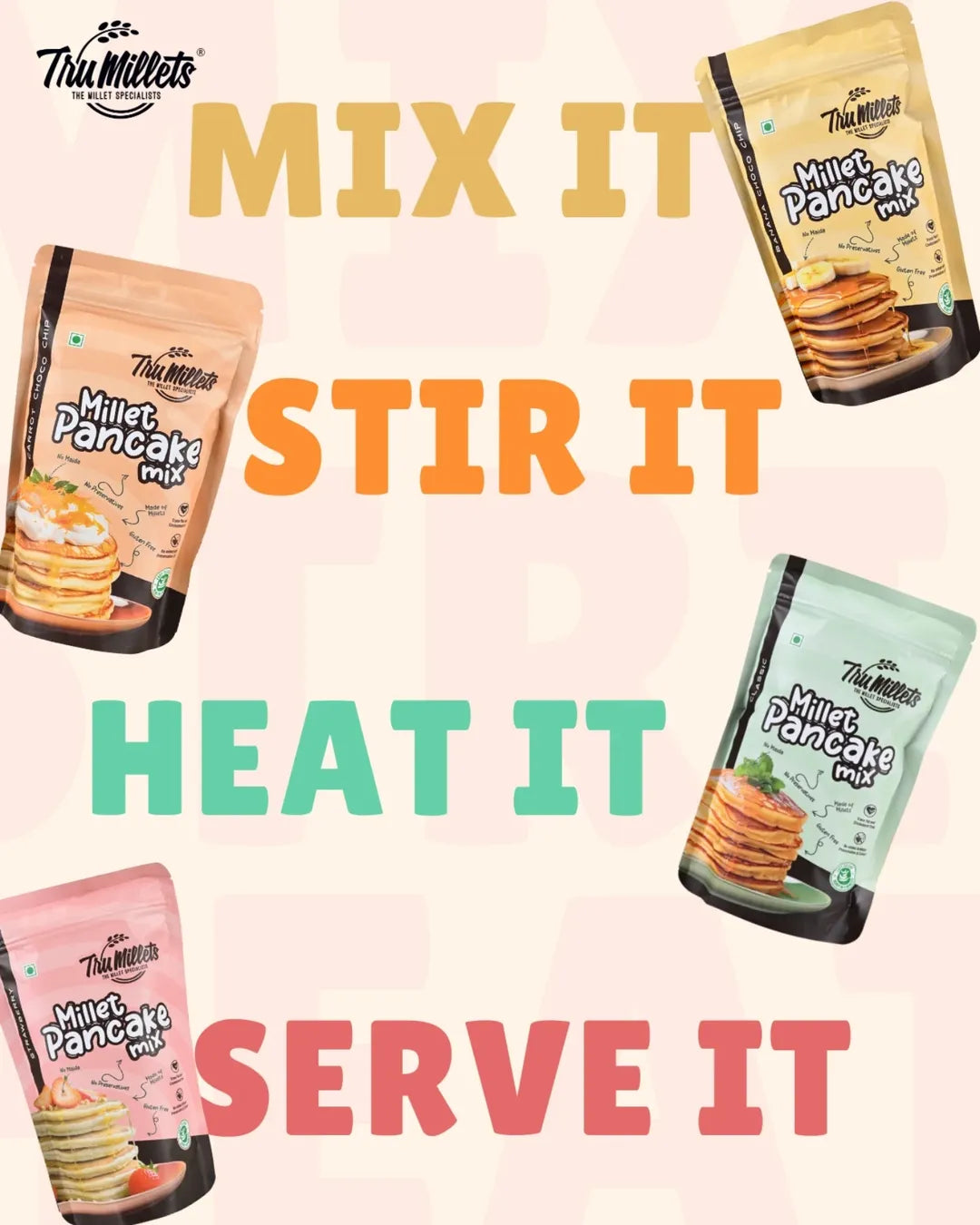 Trumillets MILLET CLASSIC,CARROT,STRAWBERRY,BANANA PANCAKE,EACH 150 gm (Pack of 8)