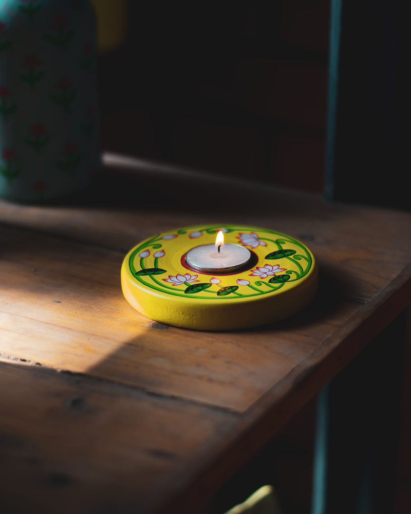 Scrapshala Pichwai candle holder | reusable | handpainted | made in India | reclaimed wood