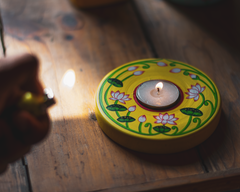 Scrapshala Pichwai candle holder | reusable | handpainted | made in India | reclaimed wood