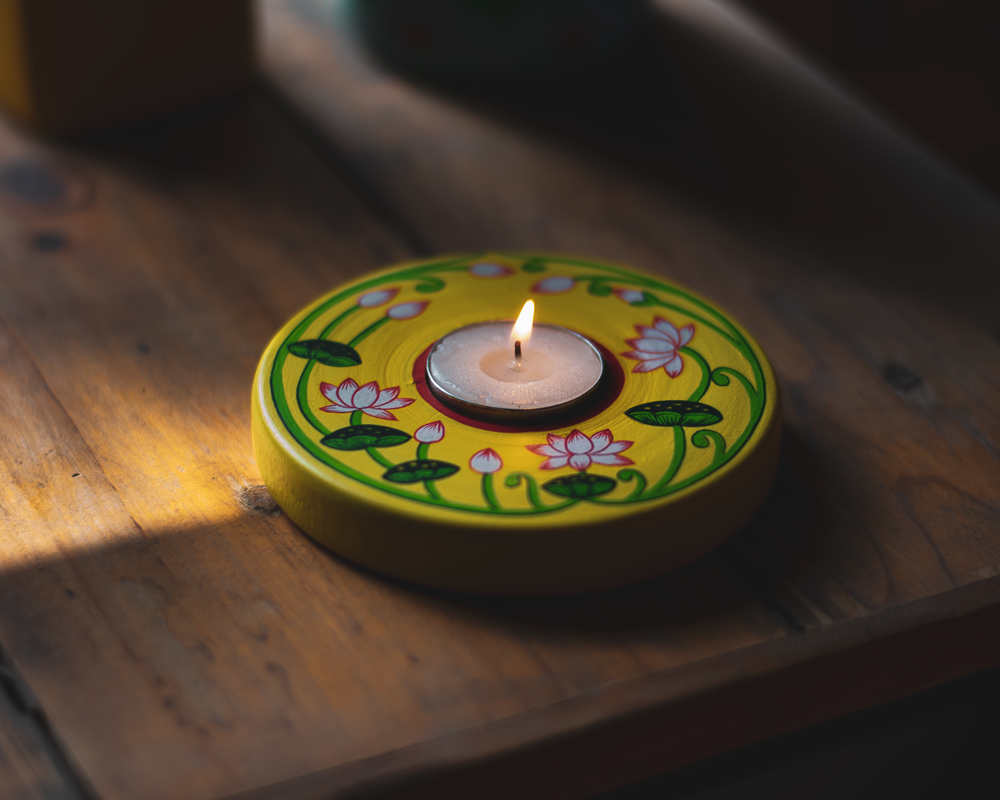Pichwai candle holder | reusable | handpainted | made in India | reclaimed wood | Scrapshala