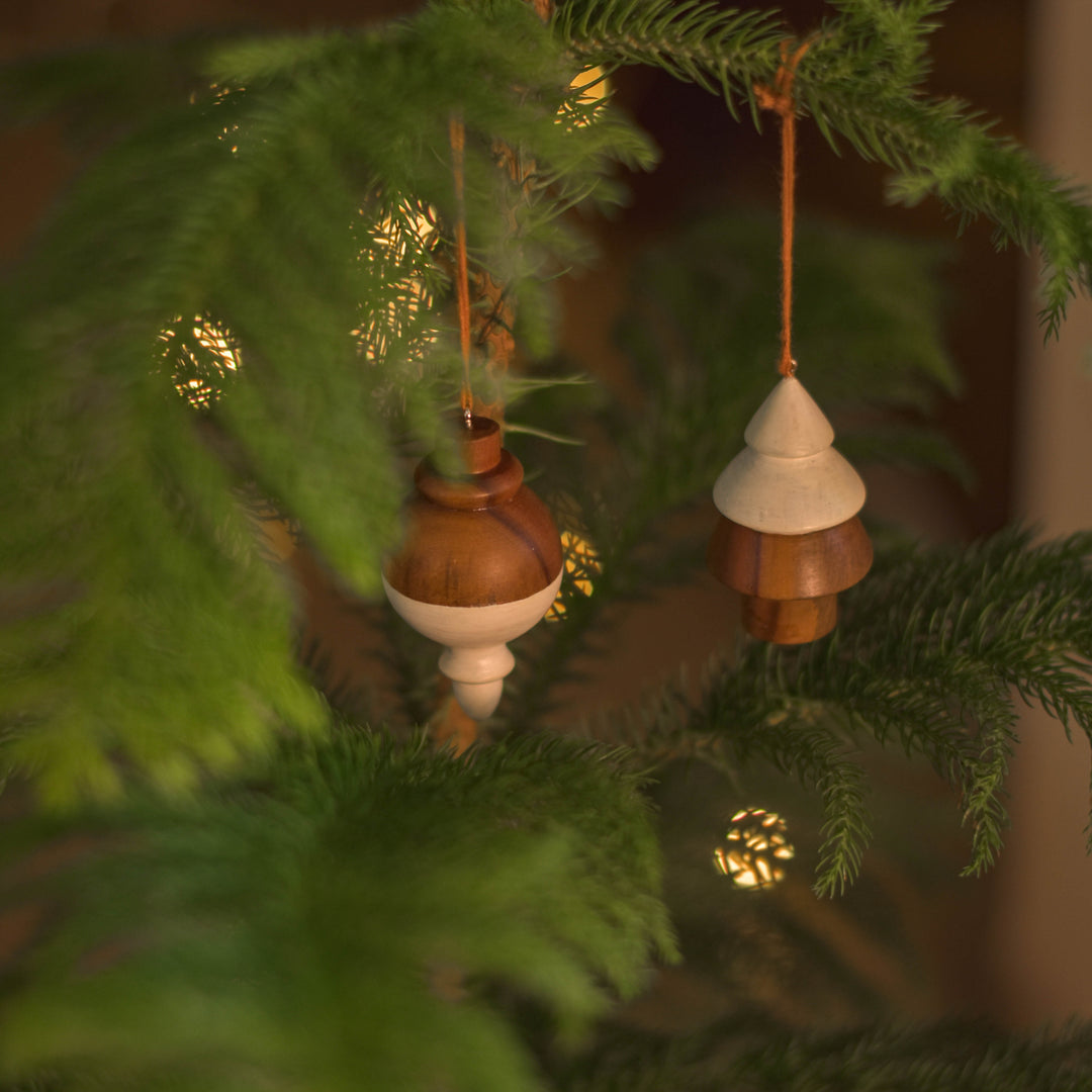 Scrapshala Christmas tree hangings | natural wood ornaments | set of 4 | handmade | reusable | made in India