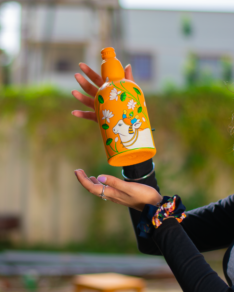Scrapshala Nandi Pichwai Glass Bottle | Washable | Cork stopper | Hand-painted | Multipurpose | Scrapshala