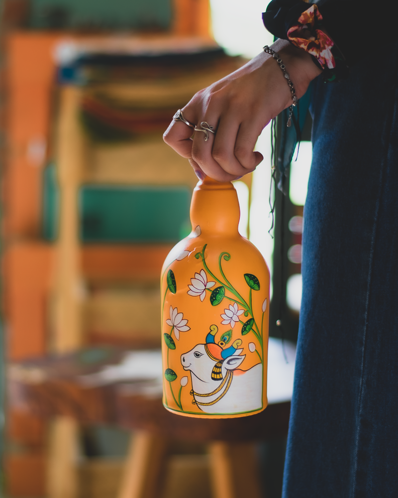 Scrapshala Nandi Pichwai Glass Bottle | Washable | Cork stopper | Hand-painted | Multipurpose | Scrapshala