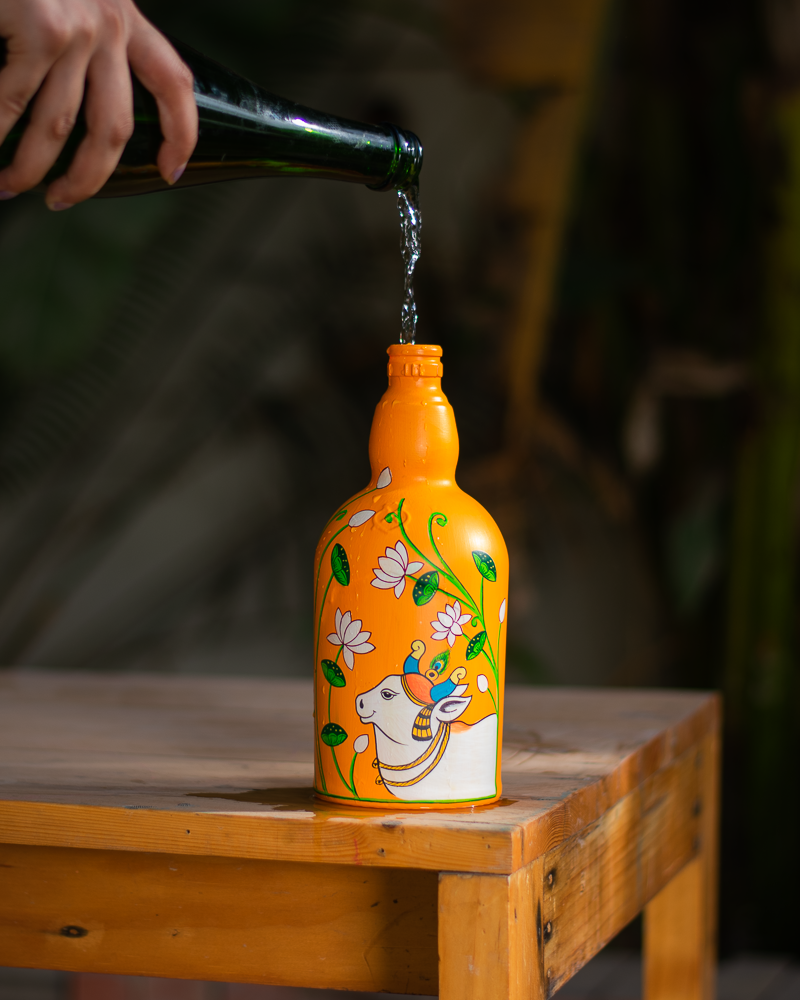 Scrapshala Nandi Pichwai Glass Bottle | Washable | Cork stopper | Hand-painted | Multipurpose | Scrapshala