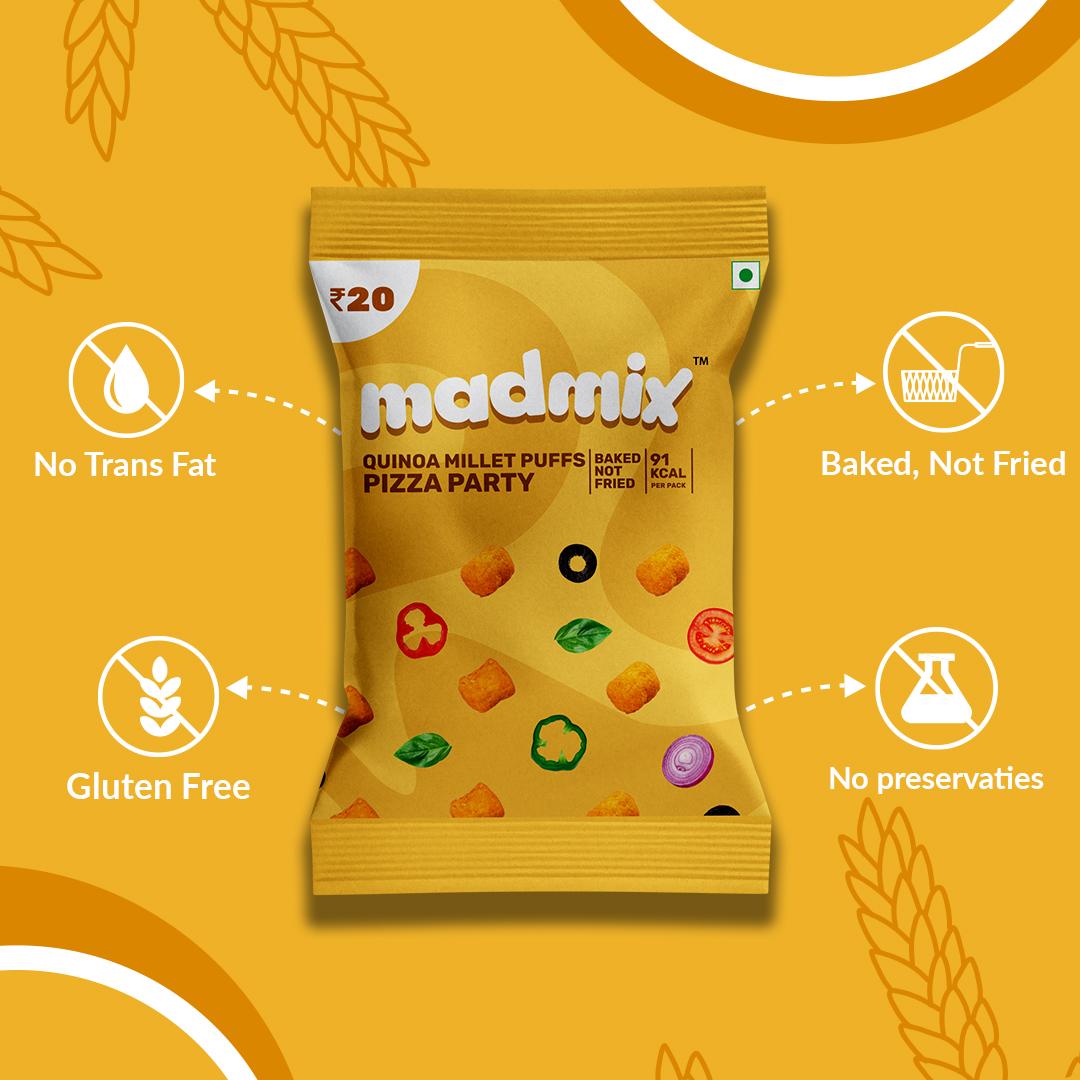 Madmix Quinoa Millet Puffs Pizza Party | Baked, Gluten-Free | 10 x 20 g
