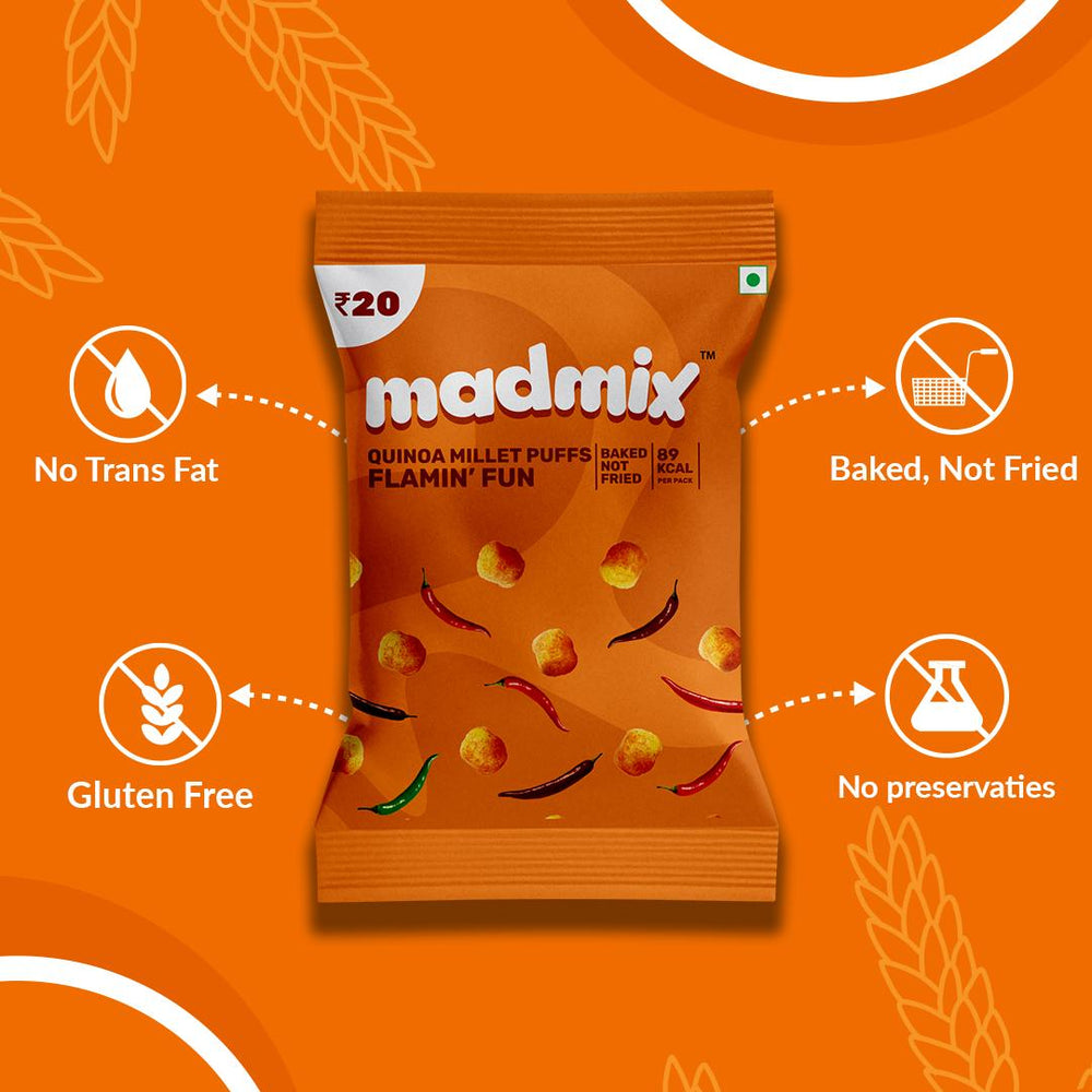Madmix Quinoa Millet Puffs Flamin Fun Pack of 10 | 20 Grams Each