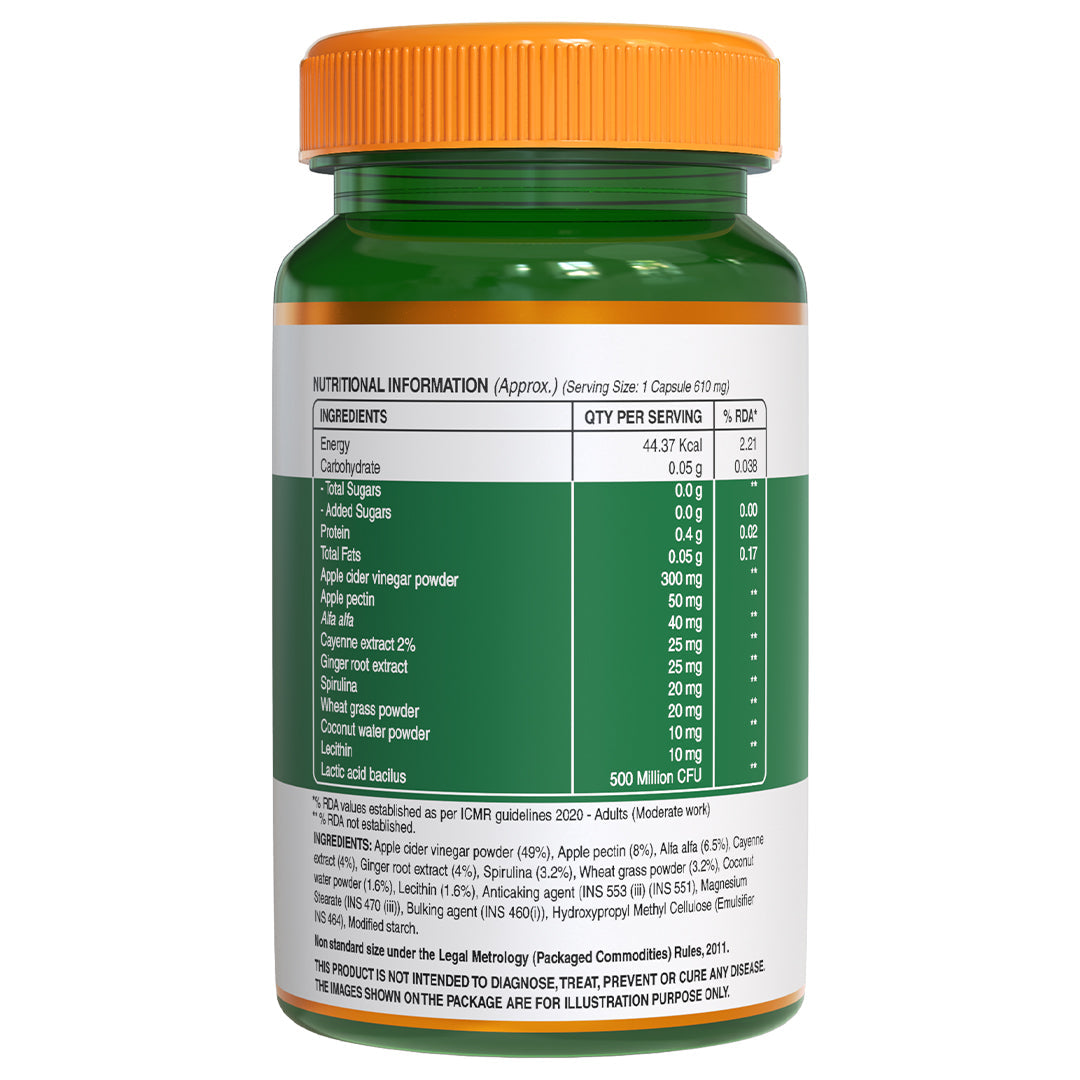 Apple Cider Vinegar with Wheat Grass and Spirulina - 60 Veg Capsules | Supports Detox and Weight Management