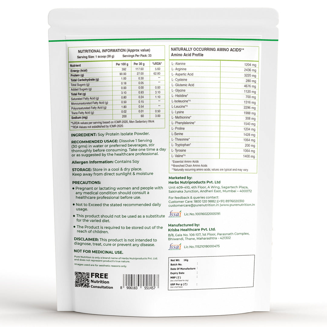 Soy Protein Isolate Powder 1kg  90% Protein | Unflavored, Pure & Complete