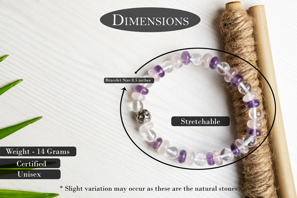 Bamboology Trends Amethyst, rose quartz and clear quartz bracelet for strength, love and fulfilling relationship