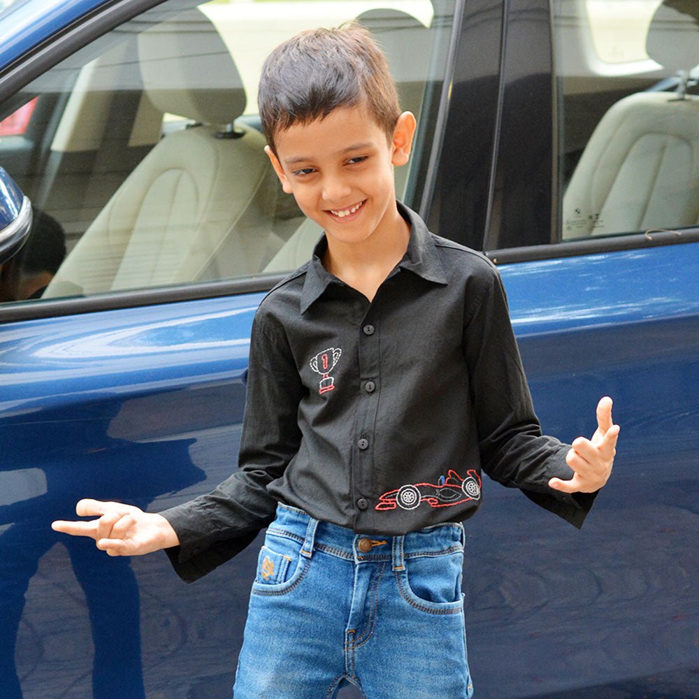 Nanhey Race Car Embroidered Kids' Shirt | Black | Organic Cotton