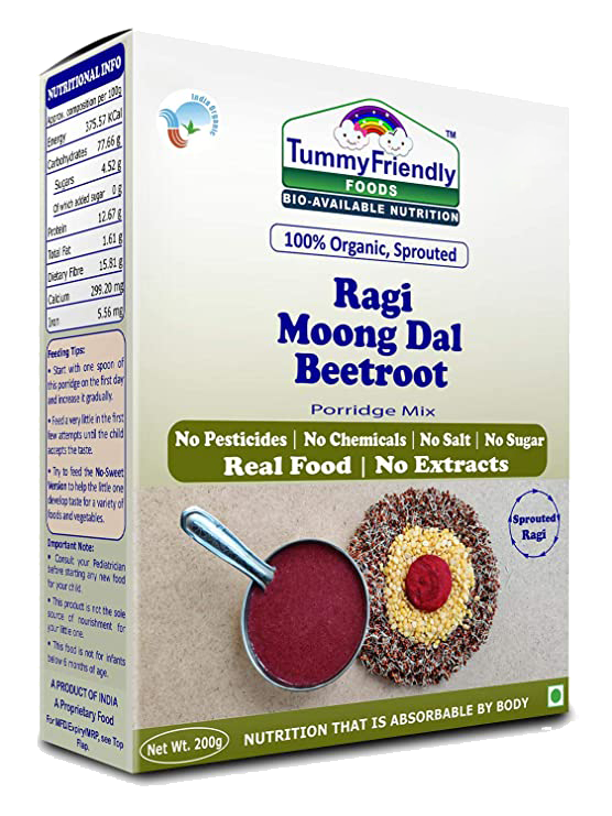 TummyFriendly Foods Organic Sprouted Porridge Mix | Ragi, Moong Dal, Beetroot | No Additives | 200g