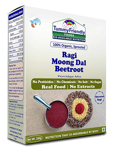 TummyFriendly Foods Organic Sprouted Porridge Mix | Ragi, Moong Dal, Beetroot | No Additives | 200g