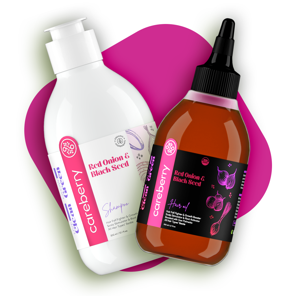 Careberry Red Onion & Black Seed Hair Growth Oil & Shampoo Combo | Hair Fall Fighter & Growth Booster | Paraben & Sulphate Free | For Men & Women | 300ml Shampoo + 200ml Oil