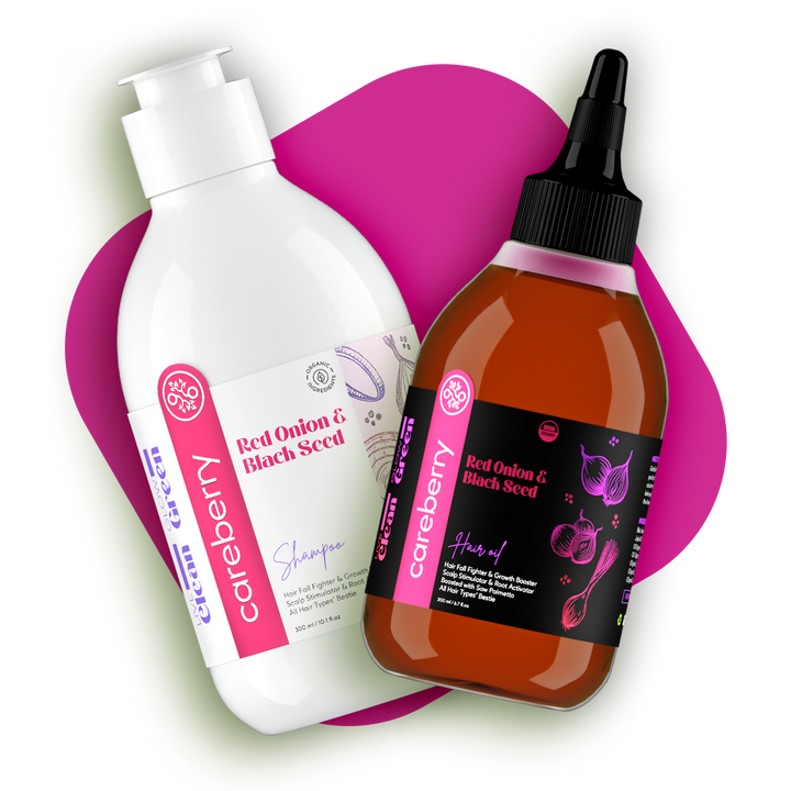 Careberry Red Onion & Black Seed Hair Growth Oil & Shampoo Combo | Hair Fall Fighter & Growth Booster | Paraben & Sulphate Free | For Men & Women | 300ml Shampoo + 200ml Oil