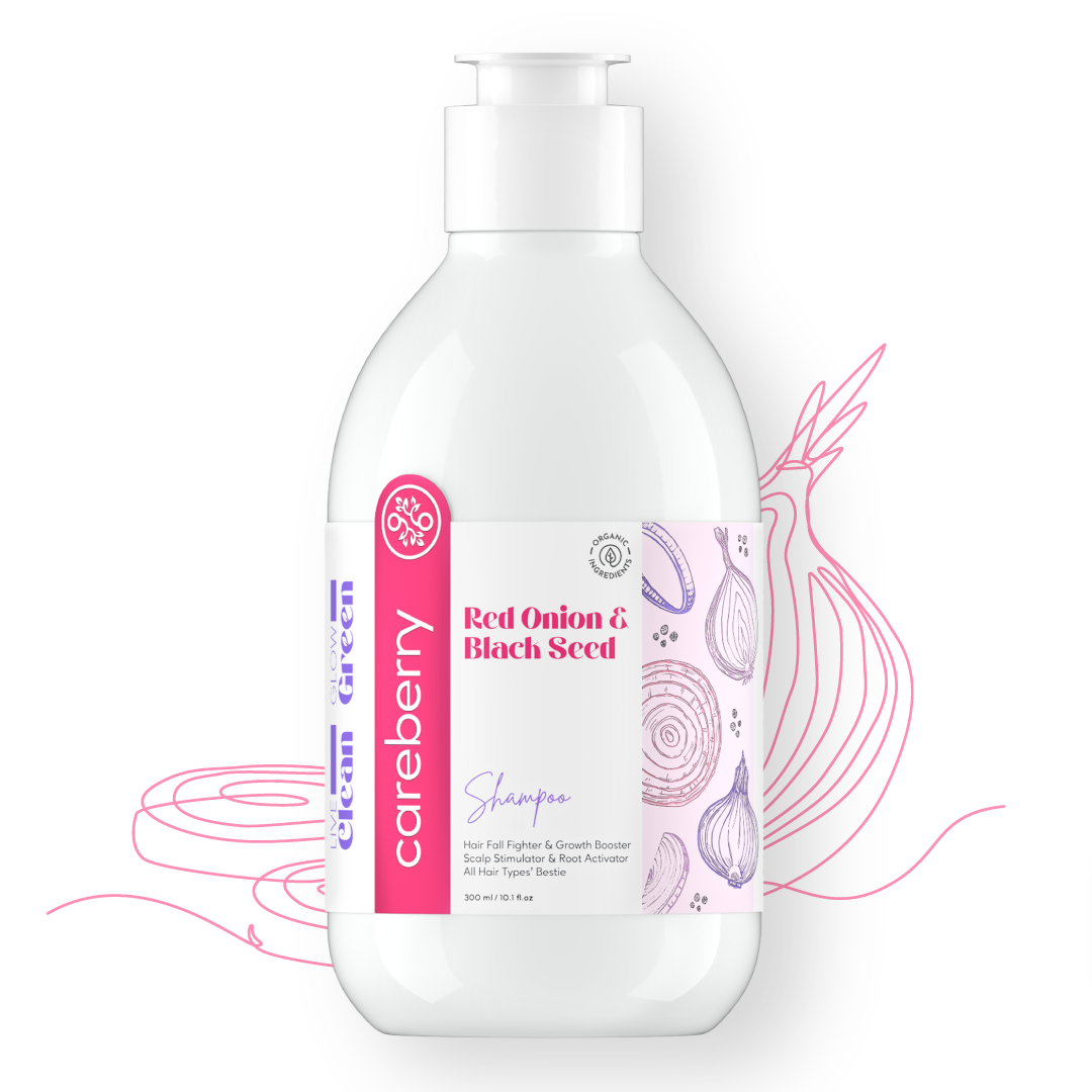 Careberry Red Onion & Black Seed Hair Growth Oil & Shampoo Combo | Hair Fall Fighter & Growth Booster | Paraben & Sulphate Free | For Men & Women | 300ml Shampoo + 200ml Oil