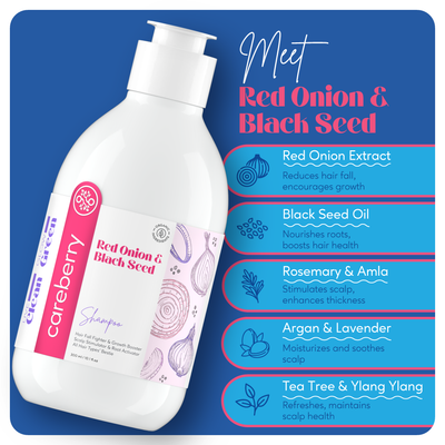 Careberry Hair Squad: Biotin Boost, Rice Water's Volumize Vibes, Red Onion's Anti-Fall Power Trio Pack of 3