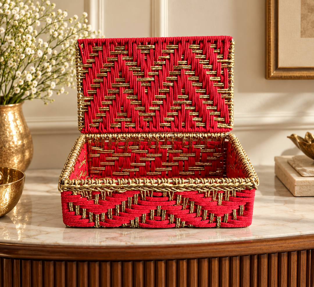 Red & Gold Handcrafted Diwali Gift Basket with Lid