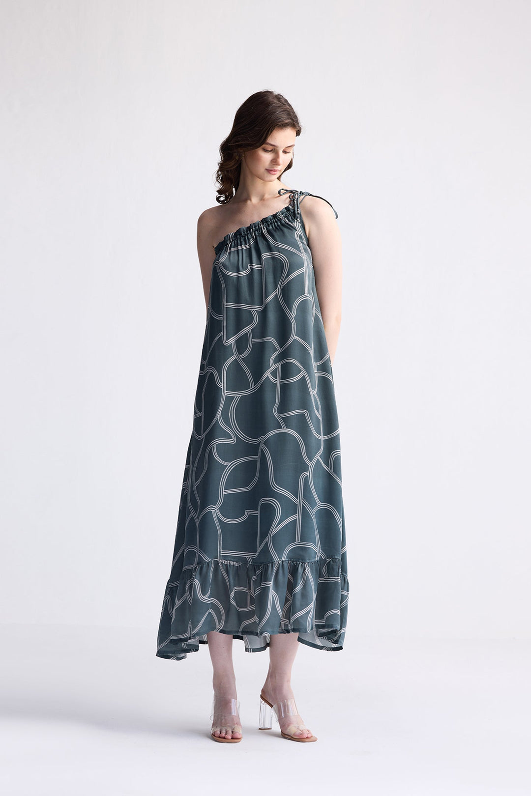 Reistor One Shoulder Midi Dress in Abstract Stripes