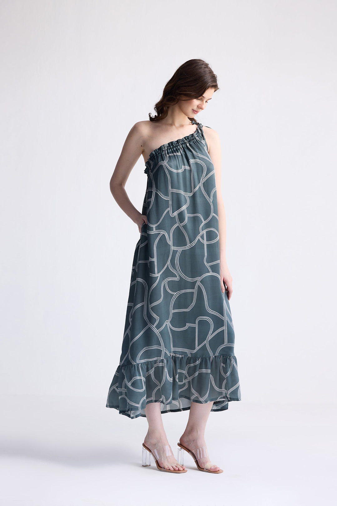 Reistor One Shoulder Midi Dress in Abstract Stripes