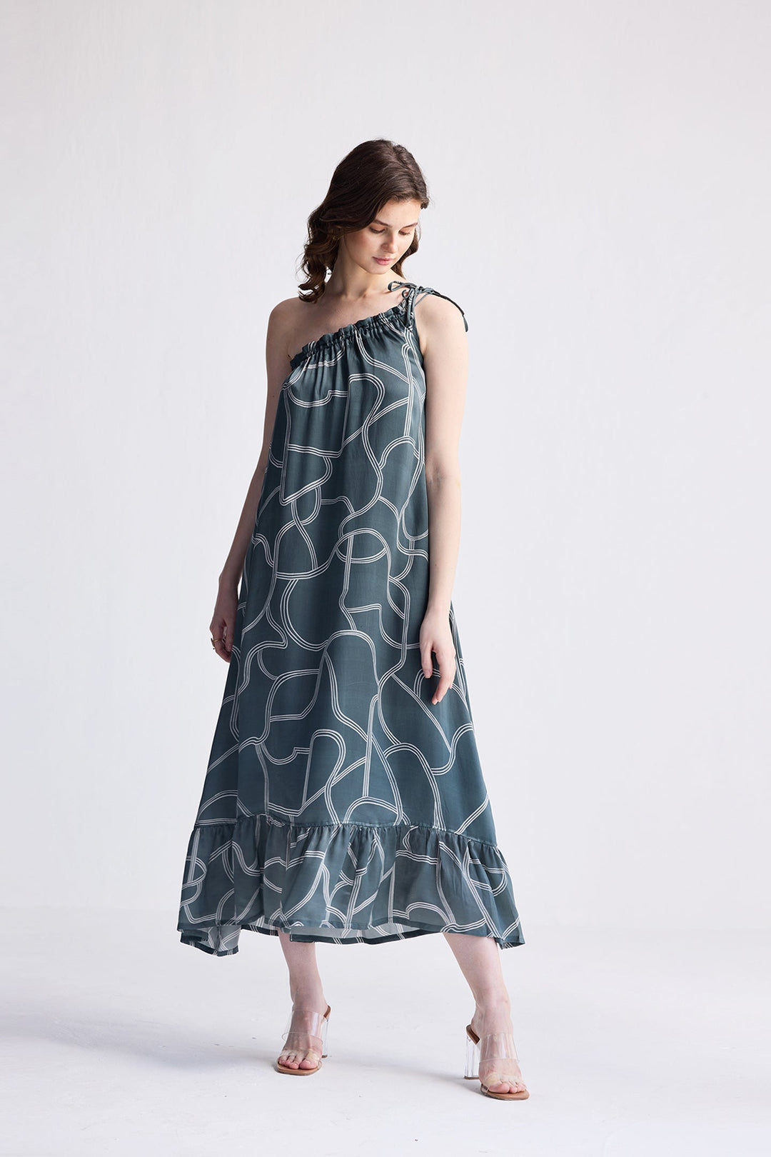 Reistor One Shoulder Midi Dress in Abstract Stripes