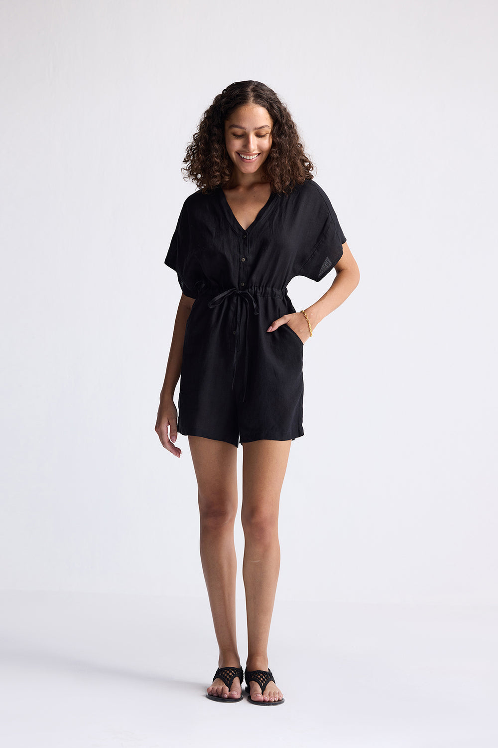 Reistor V neck Drawstring Romper in Black | NEW COLLECTION