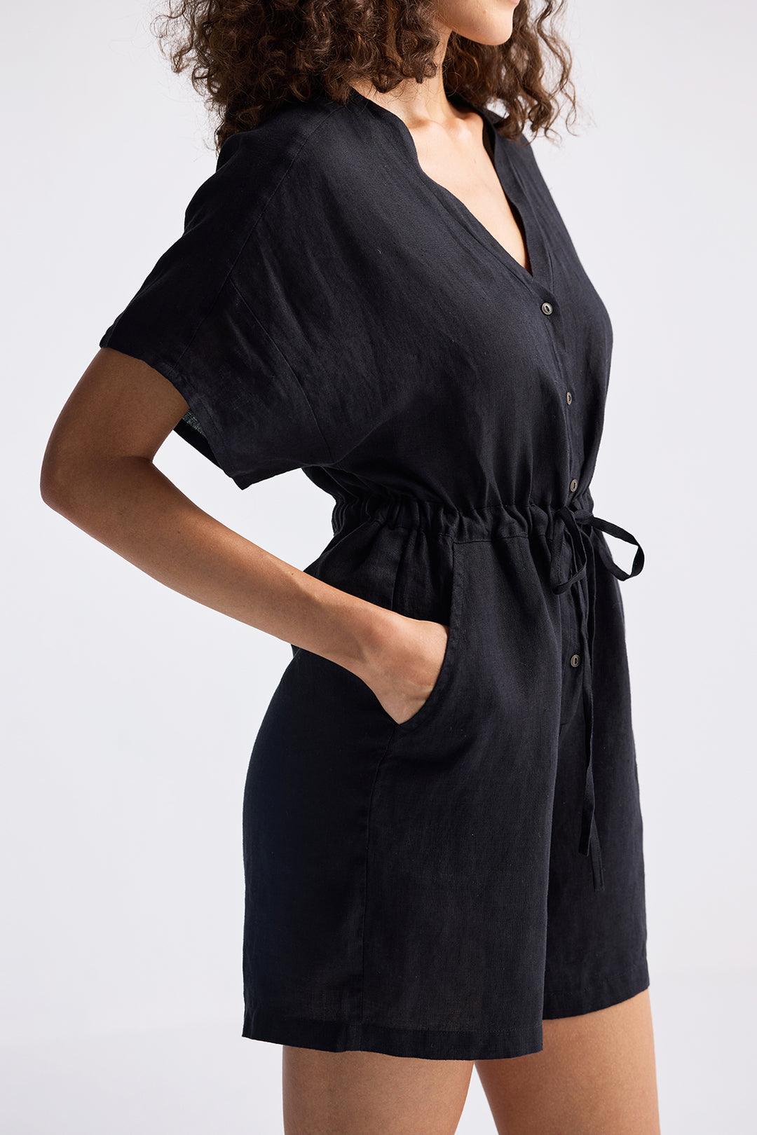 Reistor V neck Drawstring Romper in Black | NEW COLLECTION