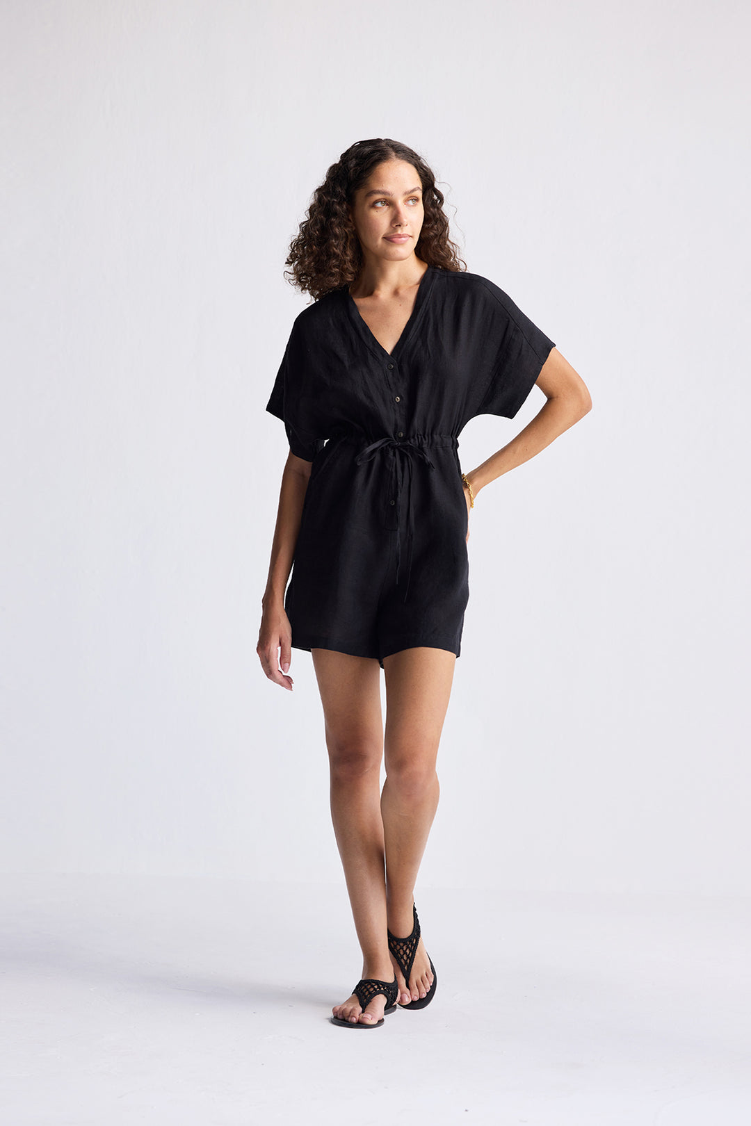 Reistor V neck Drawstring Romper in Black | NEW COLLECTION