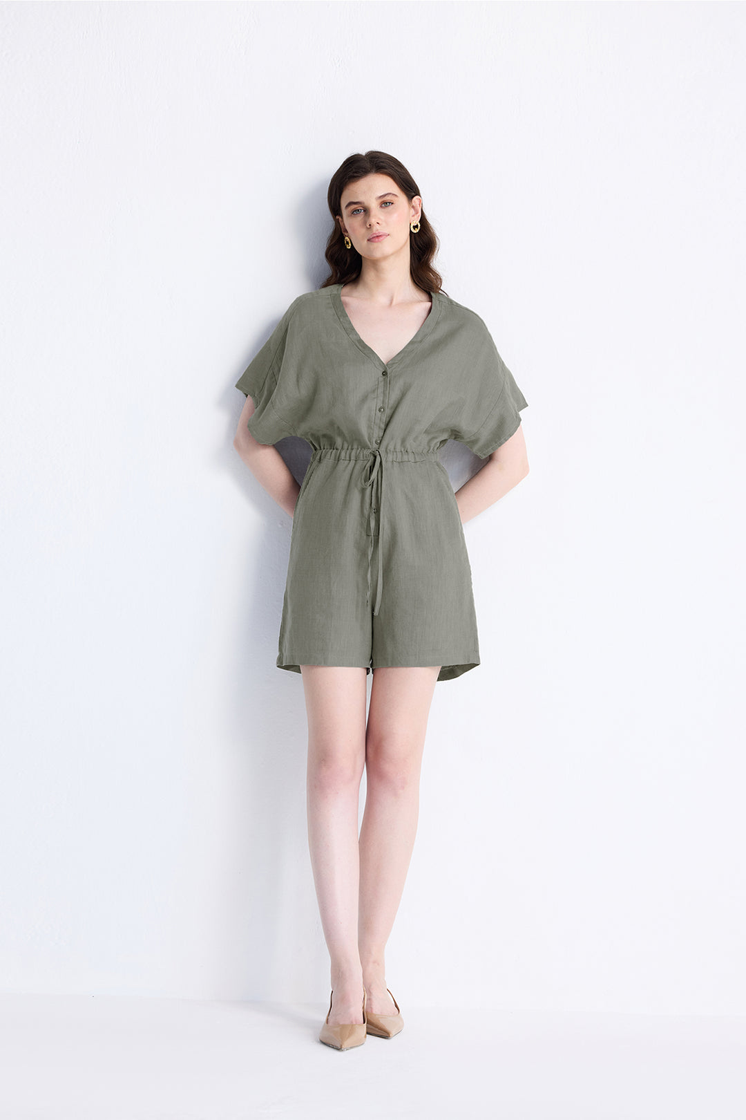 Reistor V neck Drawstring Romper in Dark Green | NEW COLLECTION
