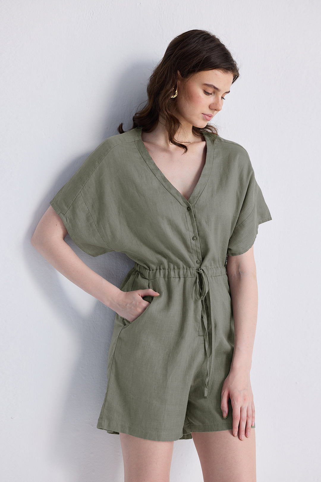 Reistor V neck Drawstring Romper in Dark Green | NEW COLLECTION