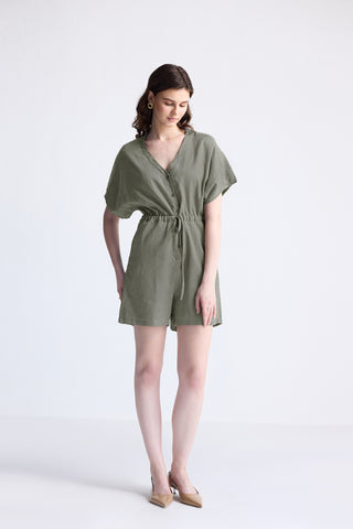 Reistor V neck Drawstring Romper in Dark Green | NEW COLLECTION