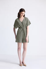 Reistor V neck Drawstring Romper in Dark Green | NEW COLLECTION