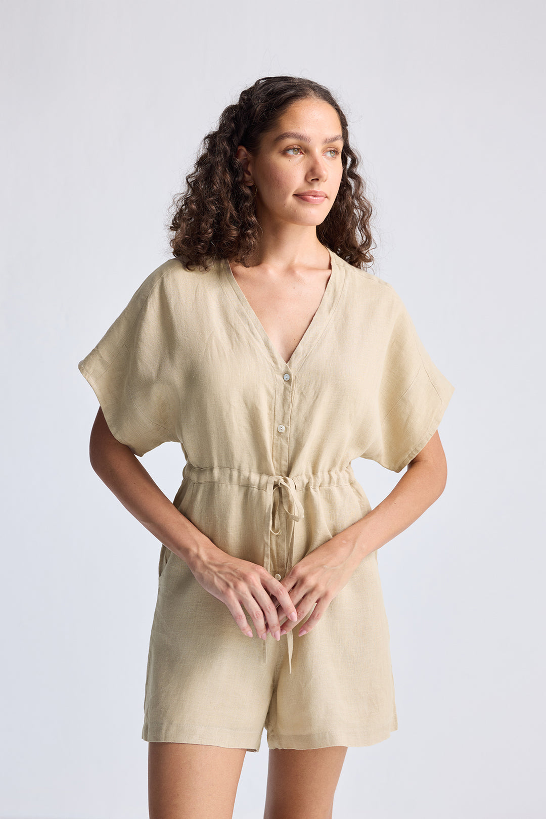 Reistor V neck Drawstring Romper in Neutral Beige | NEW COLLECTION