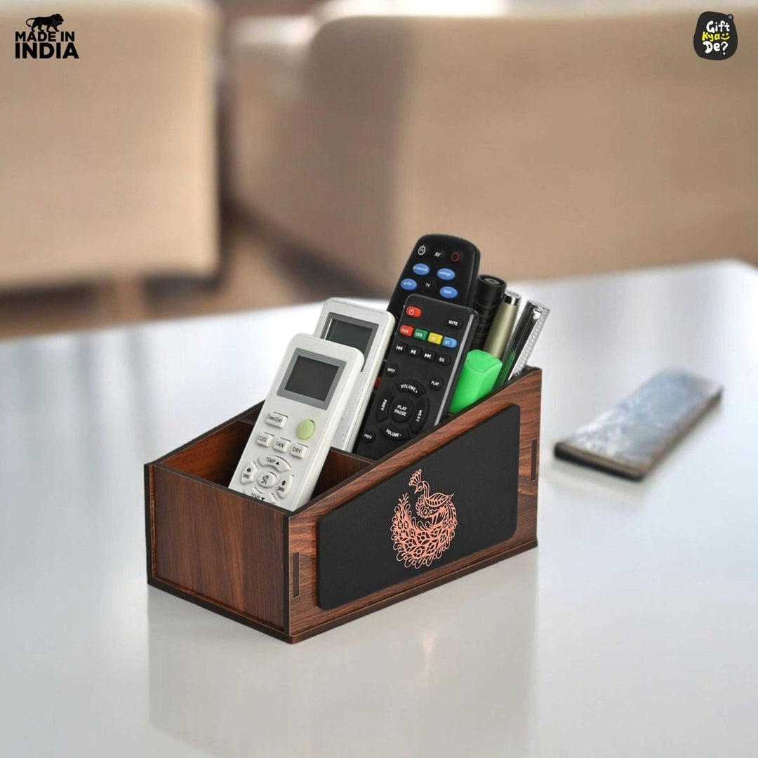Gift Kya De Remote Stand with 3 Sections | Wooden Remote Holder for TV and AC | Stationary Organizer
