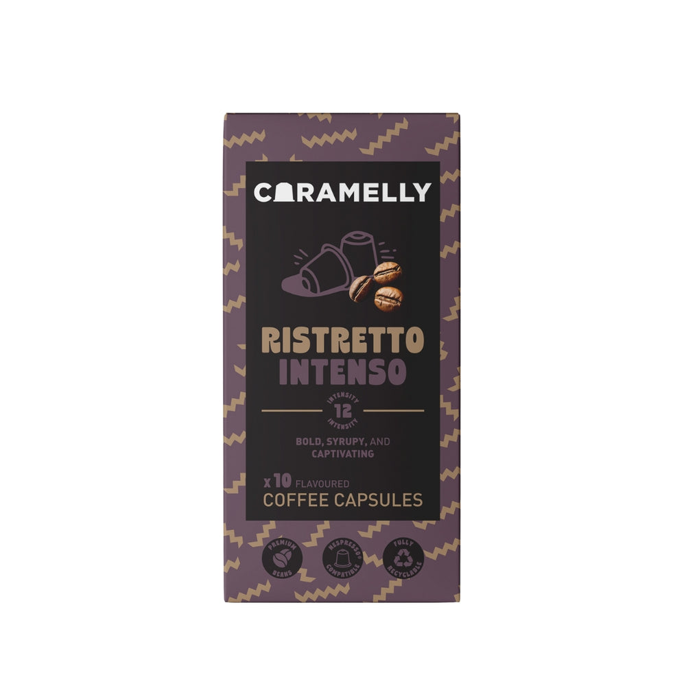 Caramelly Ristretto Intenso Nespresso Compatible Coffee Pods, 10 Pods Intensity - 12 | Dark Roast | Aluminium Coffee Capsules | Premium AAA Beans
