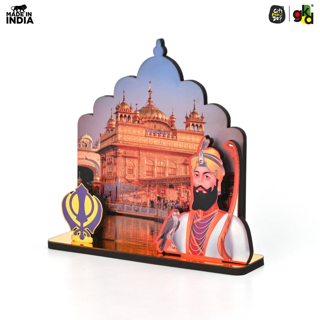 Gift Kya De Guru Nanak Dev Ji & Guru Gobind Singh Ji Wooden Table Top Idols with Golden Temple Background | Spiritual Decor for Home & Office | Sikh Religious Gift