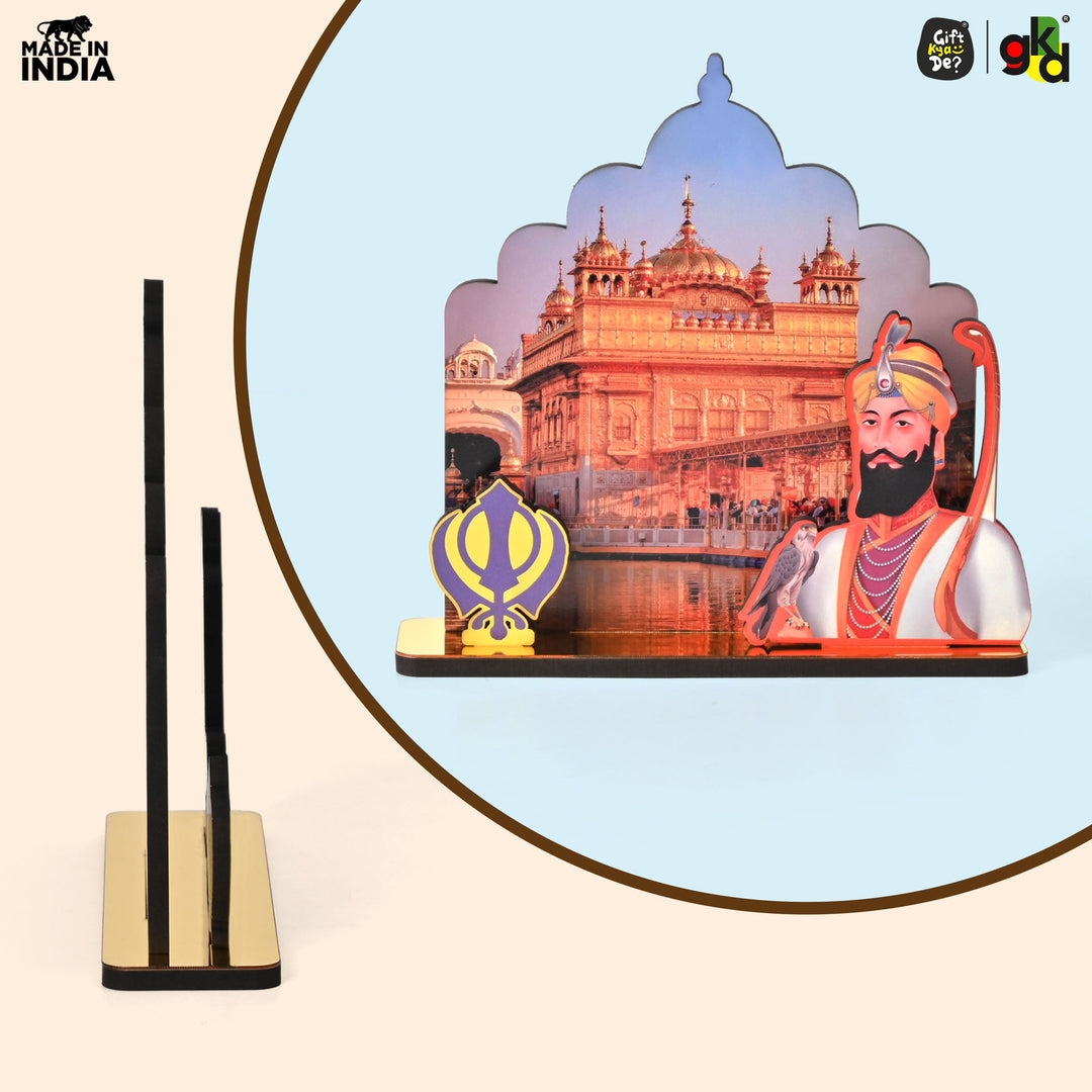 Gift Kya De Guru Nanak Dev Ji & Guru Gobind Singh Ji Wooden Table Top Idols with Golden Temple Background | Spiritual Decor for Home & Office | Sikh Religious Gift