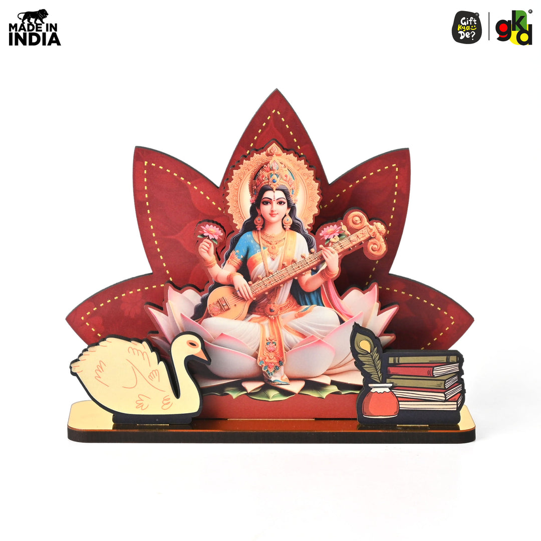 Gift Kya De Saraswati Maa Wooden Table Top | Desk Decor for Wisdom & Knowledge | Gift for Students & Professionals