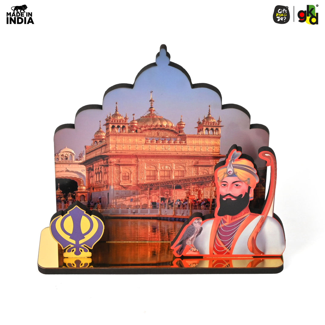 Gift Kya De Guru Nanak Dev Ji & Guru Gobind Singh Ji Wooden Table Top Idols with Golden Temple Background | Spiritual Decor for Home & Office | Sikh Religious Gift