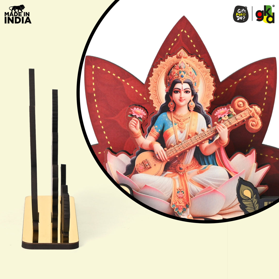 Gift Kya De Saraswati Maa Wooden Table Top | Desk Decor for Wisdom & Knowledge | Gift for Students & Professionals