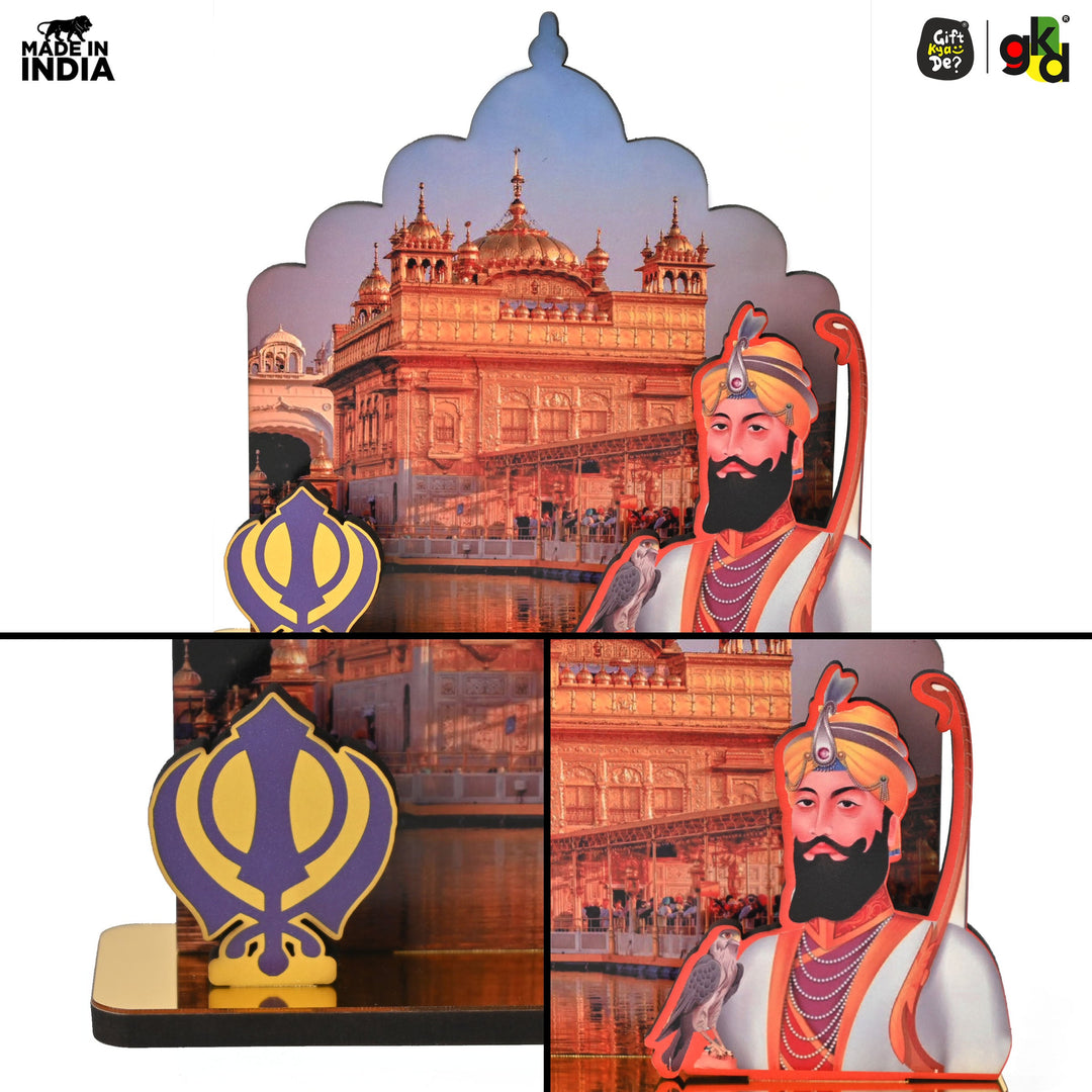 Gift Kya De Guru Nanak Dev Ji & Guru Gobind Singh Ji Wooden Table Top Idols with Golden Temple Background | Spiritual Decor for Home & Office | Sikh Religious Gift